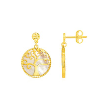 Load image into Gallery viewer, Yellow Gold 14k and Mother of Pearl Tree of Life Earrings in Pushback Clasps