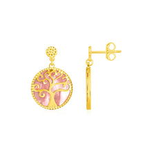 Load image into Gallery viewer, Yellow Gold 14k and Mother of Pearl Tree of Life Earrings in Pushback Clasps