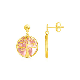 Yellow Gold 14k and Mother of Pearl Tree of Life Earrings in Pushback Clasps