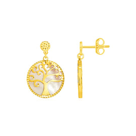 Yellow Gold 14k and Mother of Pearl Tree of Life Earrings in Pushback Clasps