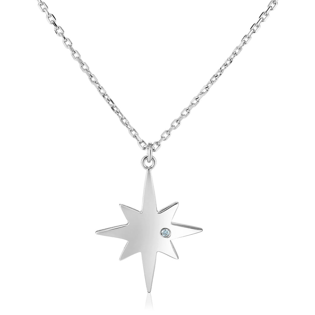Sterling Silver 18 inch Necklace with Polished Star with Diamond in Lobster Claw Lock