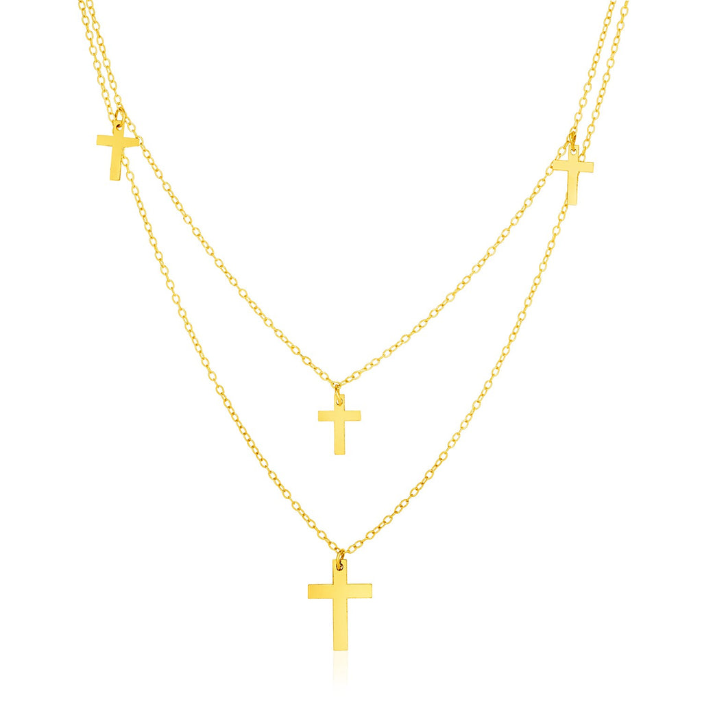 Yellow Gold 14k 18 inch Two Strand Necklace with Crosses in Lobster Claw Lock