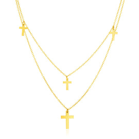 Yellow Gold 14k 18 inch Two Strand Necklace with Crosses in Lobster Claw Lock