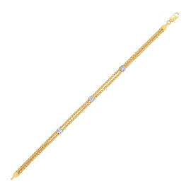 Two-Tone Gold 14k Dual Wheat Chain Bracelet with Diamond Stations 0.02 cttw in Lobster Claw Lock