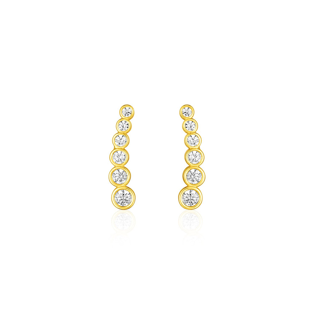 Yellow Gold 14k Graduated Circles Climber Post Earrings with Cubic Zirconias