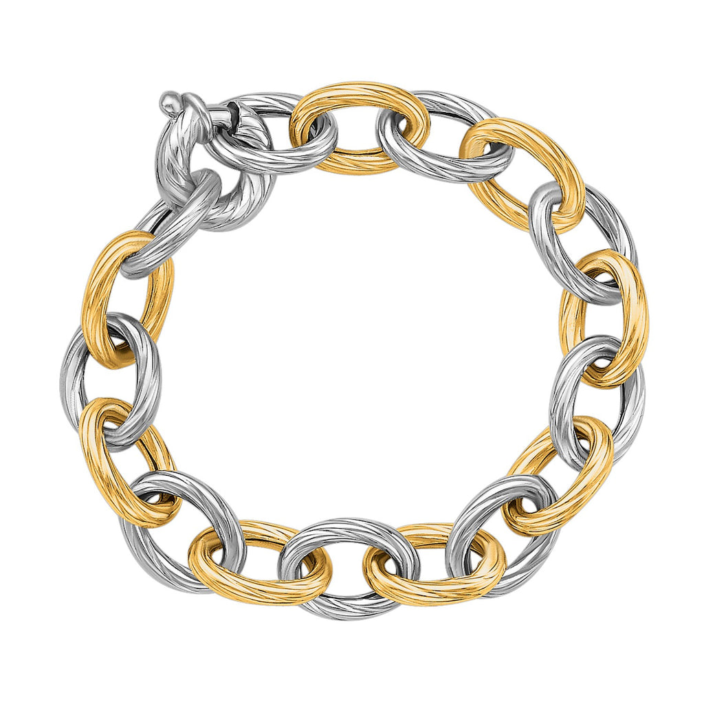 Yellow Gold 18k and Sterling Silver Rhodium Plated Diamond Cut Chain Bracelet