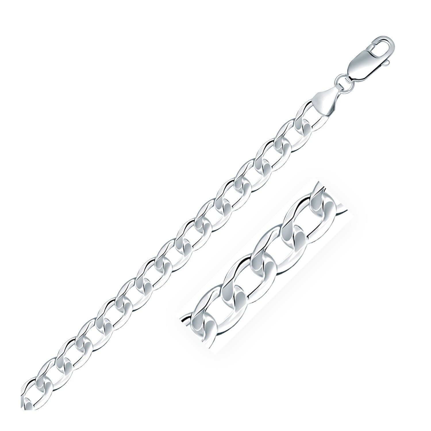 Rhodium Plated 7.9mm Sterling Silver Curb Style Bracelet in Lobster Claw Lock