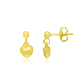 Yellow Gold 14k Puffed Heart Cute Children's Dangling Earrings