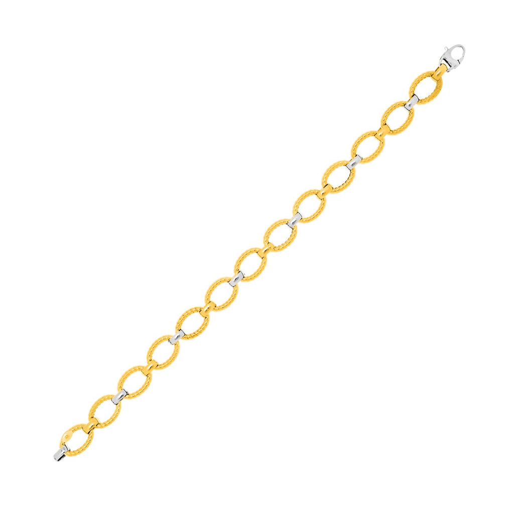 Two-Tone Gold 14k Chain Bracelet with Textured Oval Links & Claw Lock