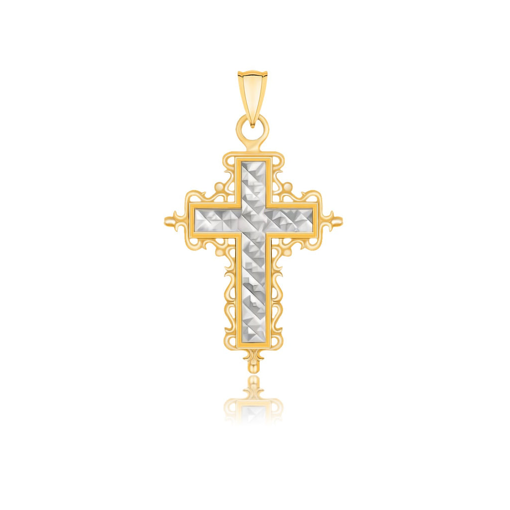 Two-Tone Gold 14k Stunning Diamond Cut and Baroque Inspired Cross Pendant