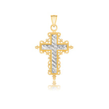 Load image into Gallery viewer, Two-Tone Gold 14k Stunning Diamond Cut and Baroque Inspired Cross Pendant