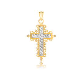 Two-Tone Gold 14k Stunning Diamond Cut and Baroque Inspired Cross Pendant
