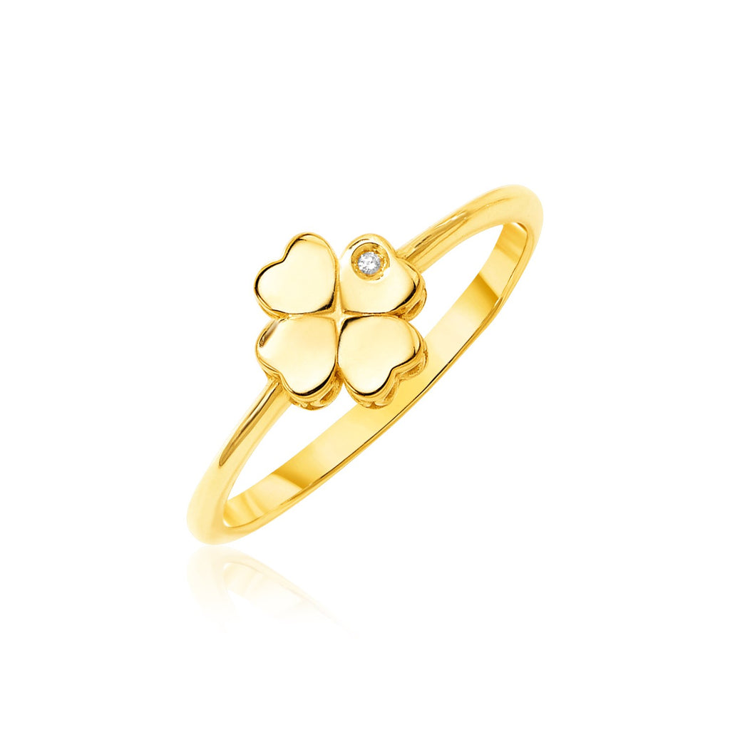 Yellow Gold 14k Elegant Polished Four Leaf Clover Ring with Diamond
