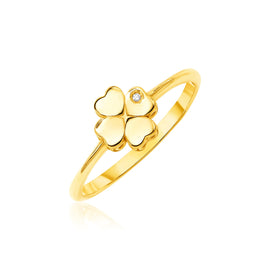 Yellow Gold 14k Elegant Polished Four Leaf Clover Ring with Diamond