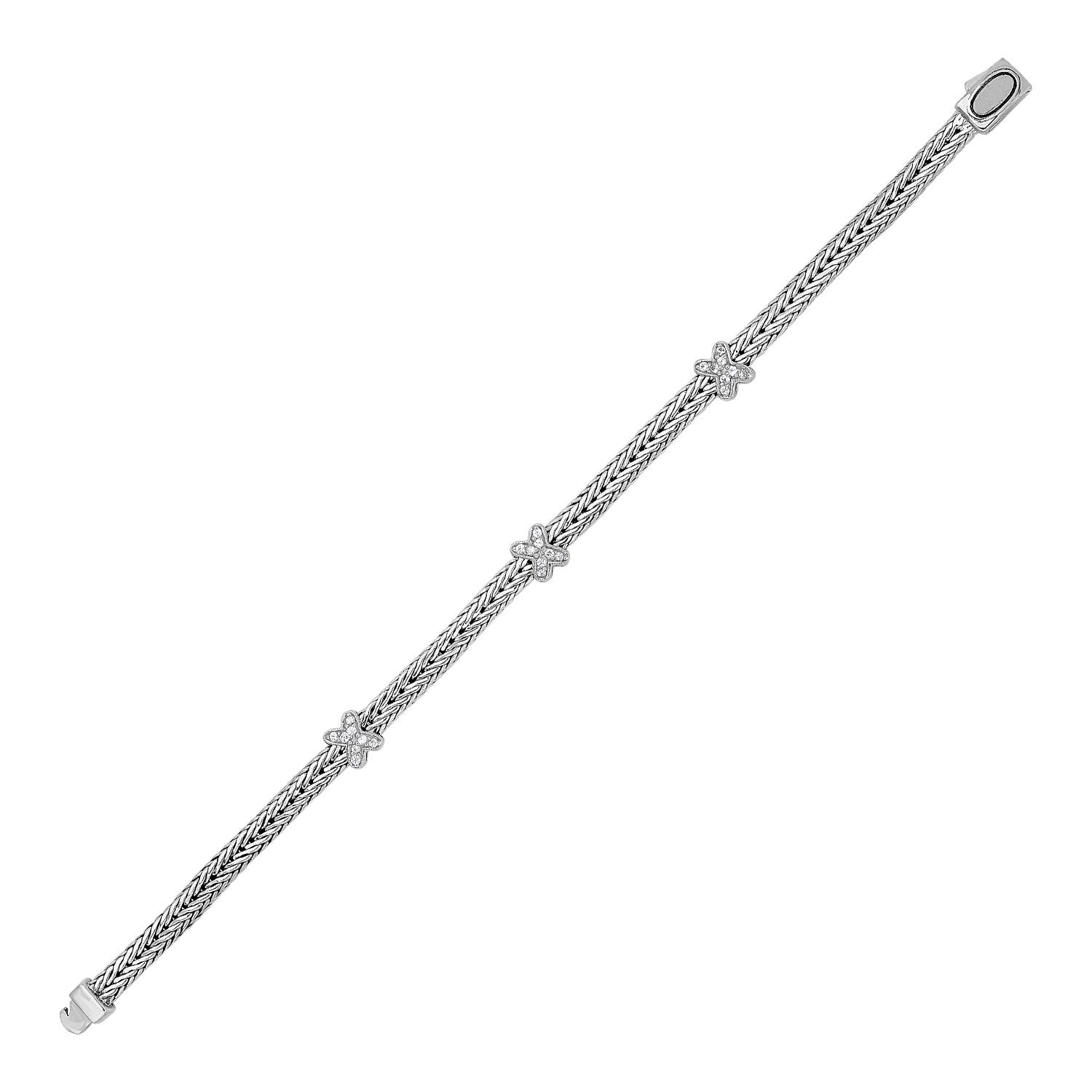 Sterling Silver Woven Rope Bracelet with White Sapphire X Accents & Box With Tongue Clasp
