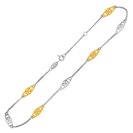 Yellow Gold 14k and Sterling Silver Anklet with Rounded Diamond Shape Stations