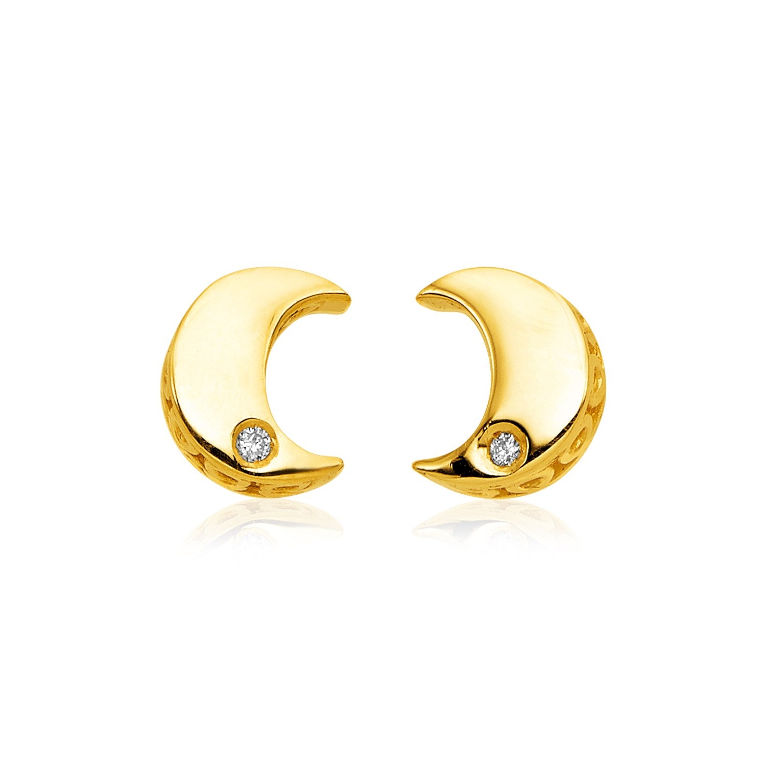 Yellow Gold 14k Polished Moon Earrings with Diamonds in Pushback Clasps