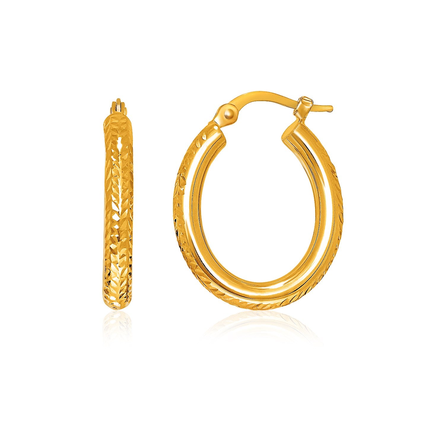 Yellow Gold 14k Diamond Cut Textured Oval Hoop Earrings. in Snap Lock