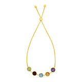 Yellow Gold 14k Adjustable Bracelet with Multicolored Large Round Gemstones in Draw String Clasp