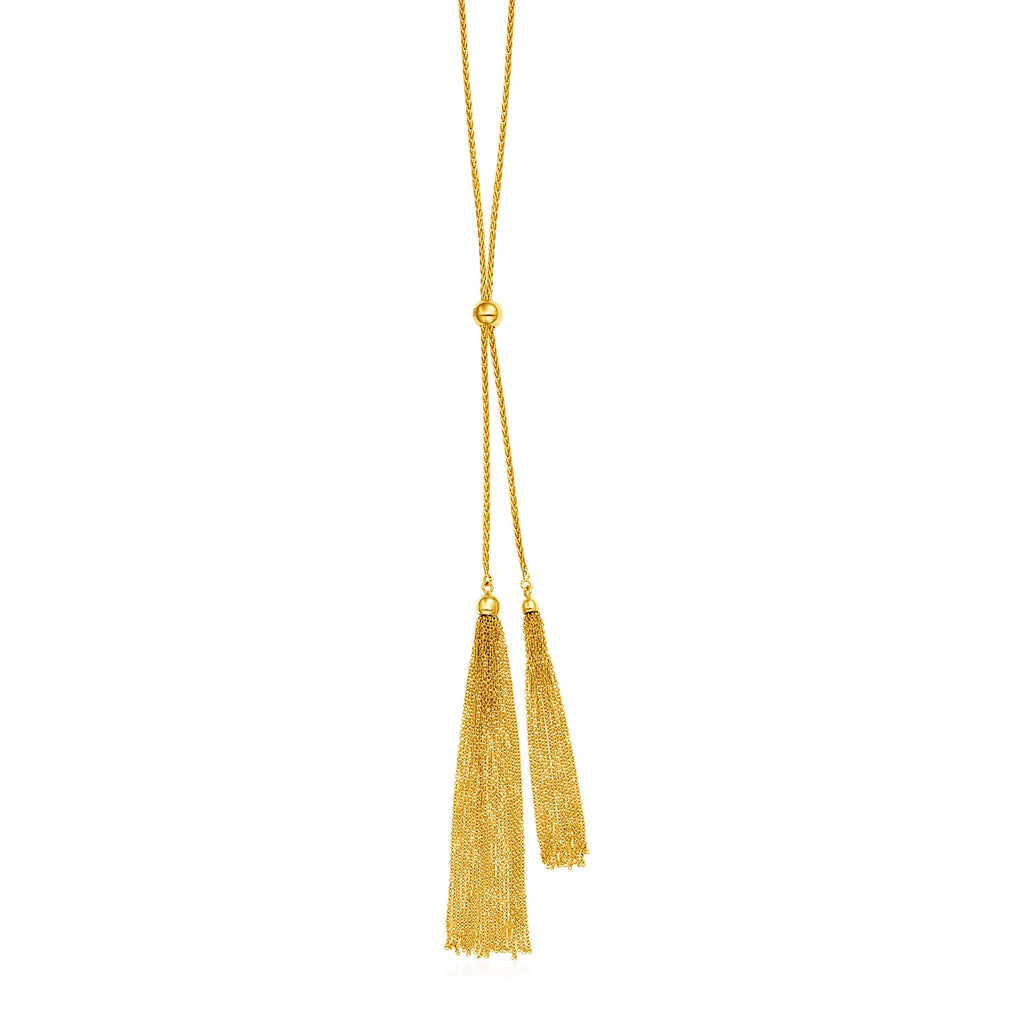 Yellow Gold 14k 28 inch Lariat Style Tassel Necklace in Draw String Clasp