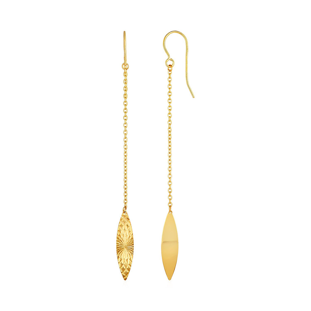 Yellow Gold 14k Textured Marquise Shaped Long Drop Earrings in French Wire