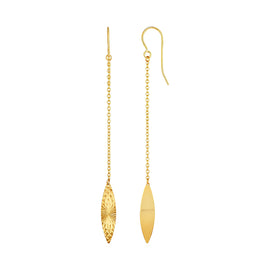 Yellow Gold 14k Textured Marquise Shaped Long Drop Earrings in French Wire