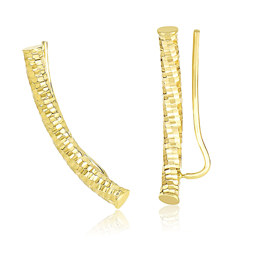 Yellow Gold 14k Curved Tube Earrings with Diamond Cuts in French Wire