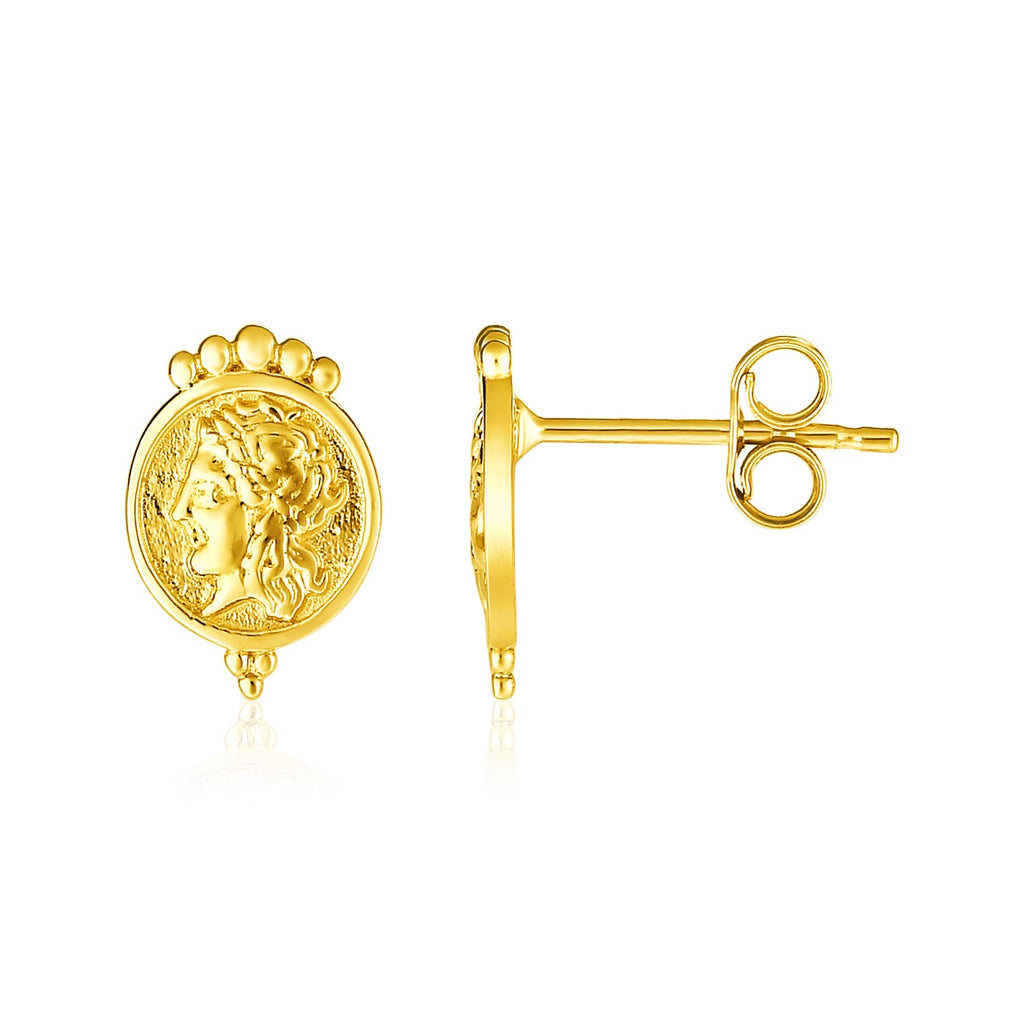 Yellow Gold 14k Roman Coin Earrings in Pushback Clasps
