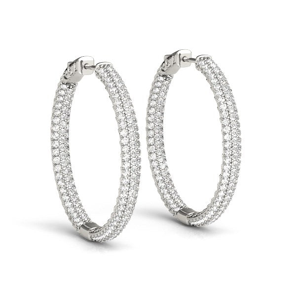 White Gold 14k Two Row Pave Set Diamond Hoop Earrings 7 cttw in Hinged Snap Back