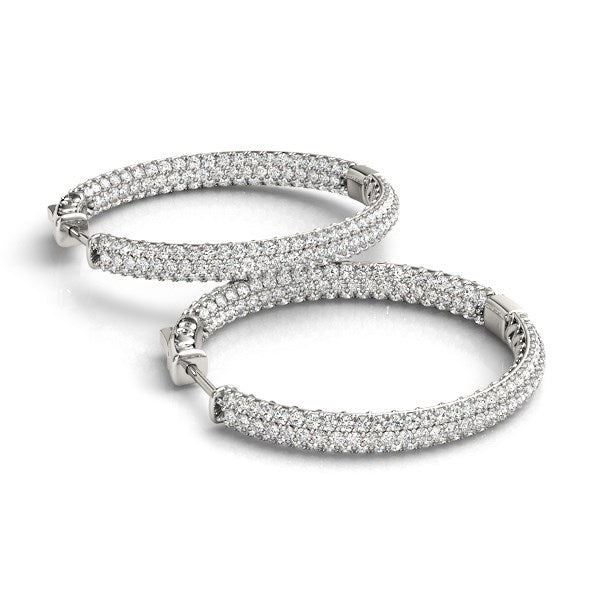 White Gold 14k Two Row Pave Set Diamond Hoop Earrings 7 cttw in Hinged Snap Back
