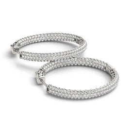 White Gold 14k Two Row Pave Set Diamond Hoop Earrings 7 cttw in Hinged Snap Back