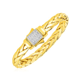 Yellow Gold 14k Woven Rope Bracelet with Diamond Accented Clasp & Tongue Clasp