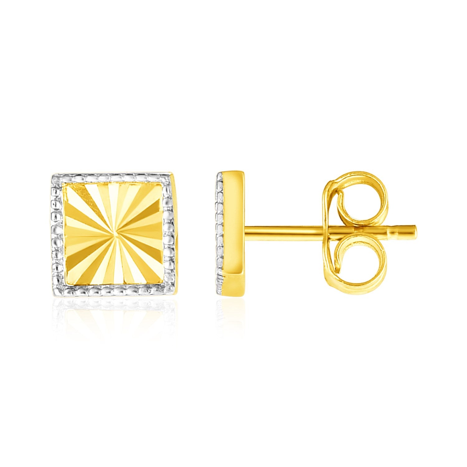 Two Tone Gold 14k Textured Square Post Earrings in Push Back Backing