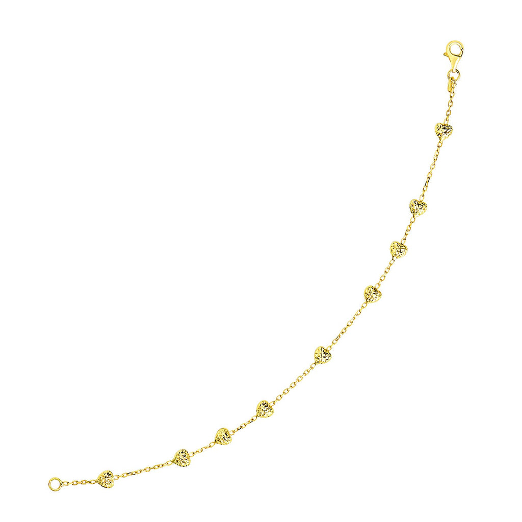 Yellow Gold 14k Chain Bracelet with Puffed Diamond Cut Heart Stations in Lobster Claw Lock