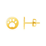Yellow Gold 14k Post Earrings with Paw Prints in Push Back Backing