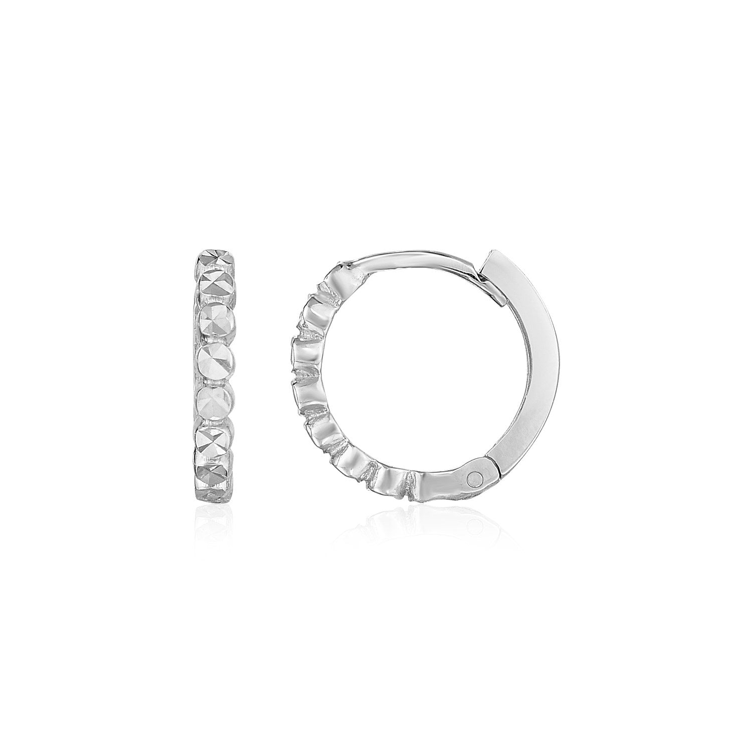 White Gold 14k Petite Textured Round Hoop Earrings in Snap Lock