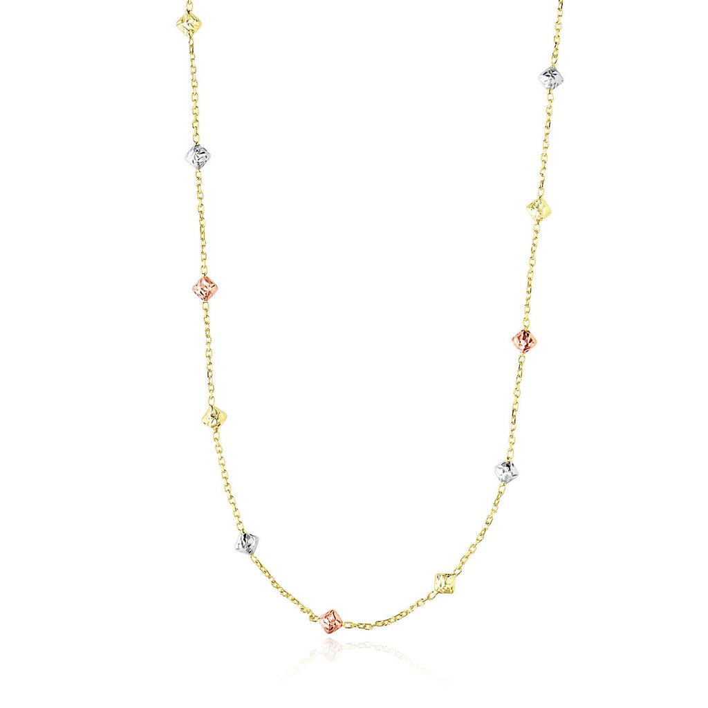Tri-Color Gold 14k Women's Necklace with Faceted Diamonds Shape Stations