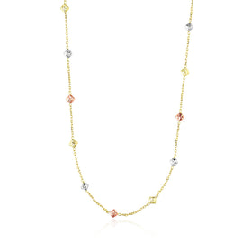 Tri-Color Gold 14k Women's Necklace with Faceted Diamonds Shape Stations