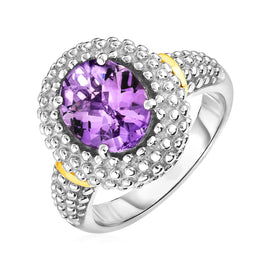 Yellow Gold & Sterling Silver 18k Sophisticated Fancy Ring with Oval Amethyst