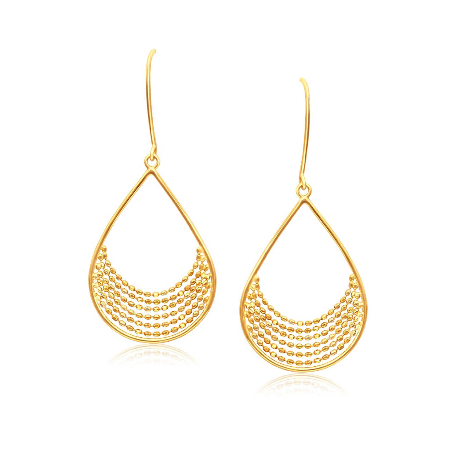 Yellow Gold 14k Open Teardrop with Layered Bead Chain Dangling Earrings