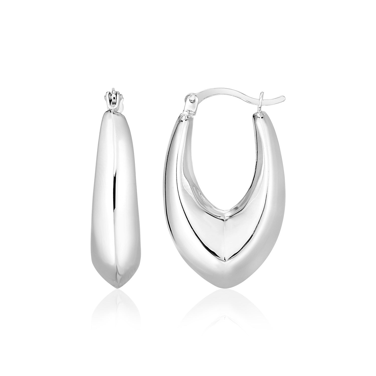 Sterling Silver Polished Pointed Puffed Hoop Earrings in Hinged Snap Back