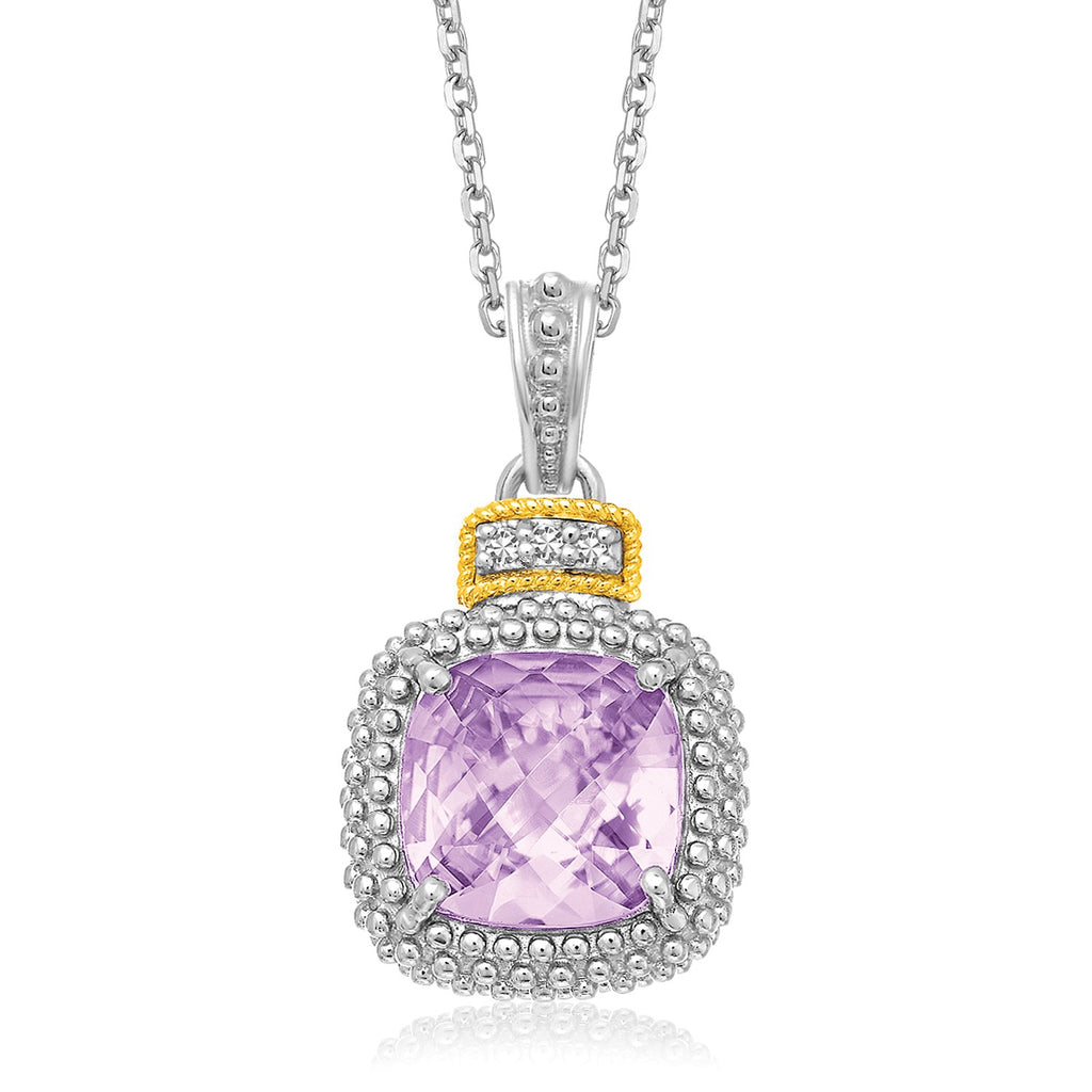 Yellow Gold & Sterling Silver 18k Elegant Cushion Amethyst and Diamond Pendant