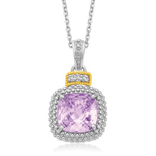 Load image into Gallery viewer, Yellow Gold &amp; Sterling Silver 18k Elegant Cushion Amethyst and Diamond Pendant