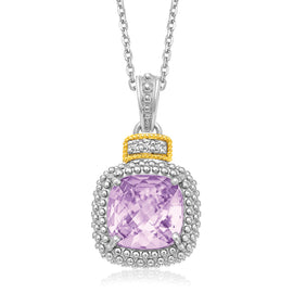 Yellow Gold & Sterling Silver 18k Elegant Cushion Amethyst and Diamond Pendant