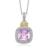 Yellow Gold & Sterling Silver 18k Elegant Cushion Amethyst and Diamond Pendant