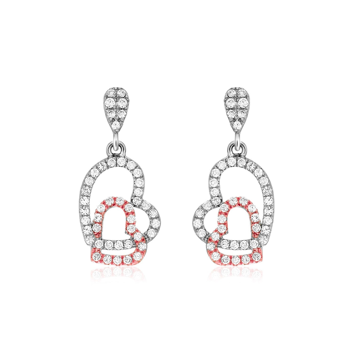 Sterling Silver Two Toned Fancy Earrings with Open Hearts and Cubic Zirconias