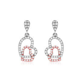 Sterling Silver Two Toned Fancy Earrings with Open Hearts and Cubic Zirconias