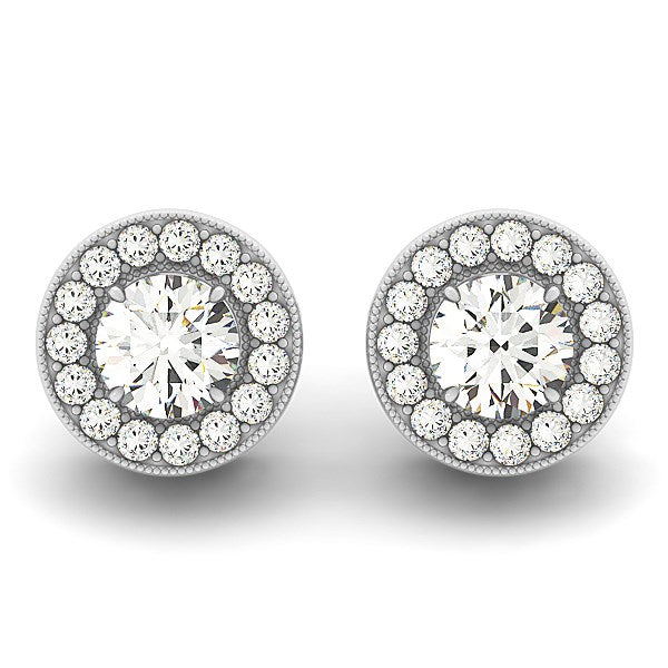 White Gold 14k Round Diamond Milgrain Border Halo Earrings