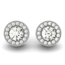 Load image into Gallery viewer, White Gold 14k Round Diamond Milgrain Border Halo Earrings