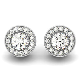 White Gold 14k Round Diamond Milgrain Border Halo Earrings